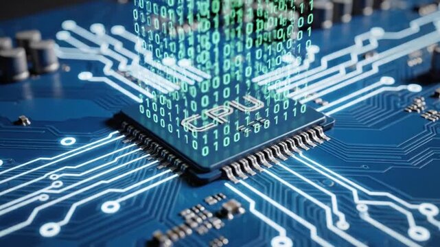 CPU Circuit Board with Binary Code Flowing.