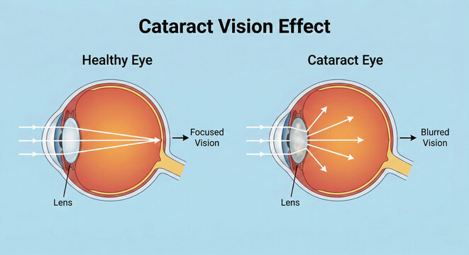 Cataract Eye vs Healthy Vision Medical Comparison Infographic