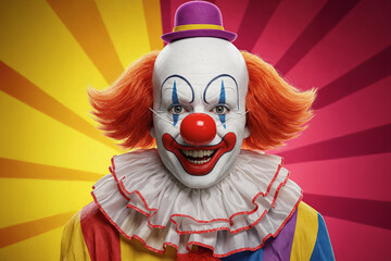 Cheerful clown with a red nose. Wallpaper or phone screensaver. Copy space