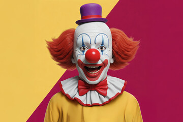 Cheerful clown with a red nose. Wallpaper or phone screensaver. Copy space