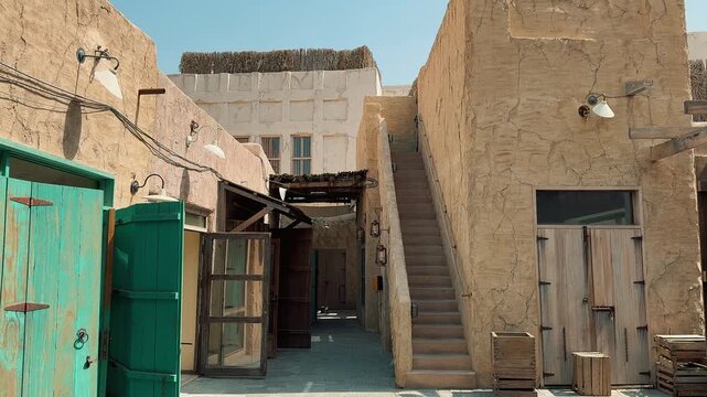 Scenic views of Dubai's Al Seef heritage district featuring traditional Arabian architecture, wind towers, narrow alleyways, and waterfront scenery along the creek during a sunny day.

