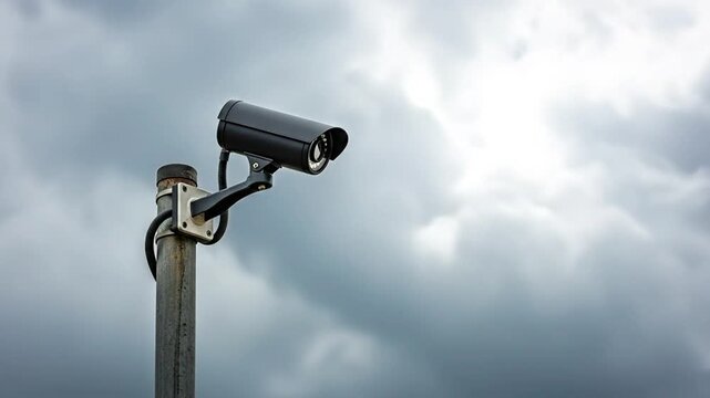 A surveillance camera mounted on a pole under a cloudy sky.