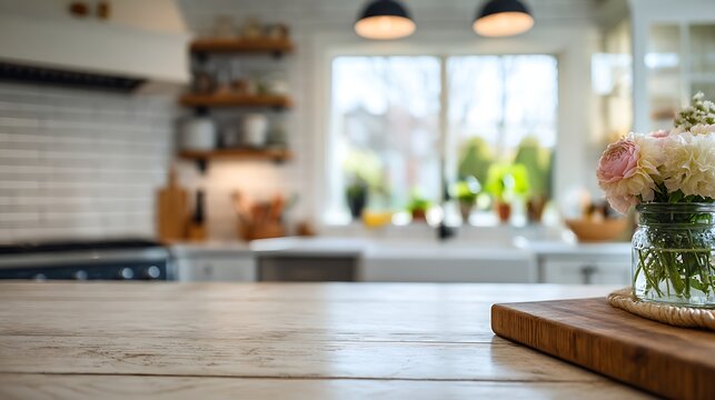 Awesome photo of empty wooden kitchen table countertop with blurred farmhouse kitchen interior and flowers in a jar.