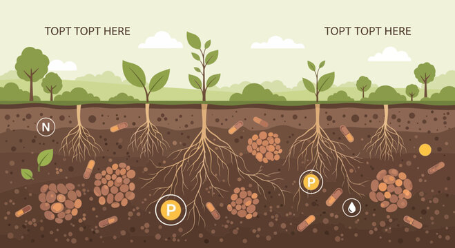 Plant Growth Stages and Root System with Soil Microbes Illustration.