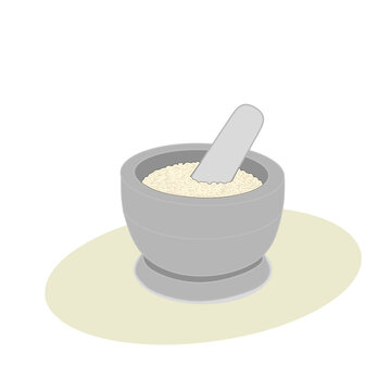 traditional Korean Jeolgu and Gongi, consisting of a solid stone mortar paired with a wooden pestle. This traditional kitchen equipment is used for pounding rice, grains, and other in