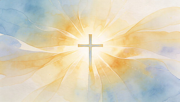 Cross with glowing divine light. Religious christianity symbol. Easter or Christmas holiday background for spiritual worship and celebration.