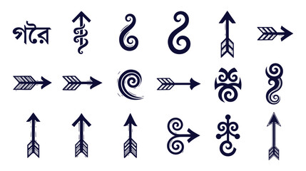 A collection of Bengali characters and arrow symbols, including stylized arrows and directional icons, suitable for diverse graphic design projects.