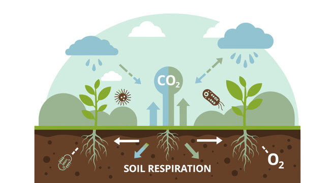 Soil Respiration Illustration Carbon Dioxide Exchange and Plant Life.