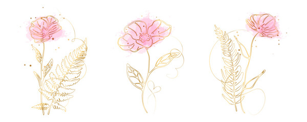 Minimal gold line flower with abstract swirl, modern botanical decorative illustration. Elegant single flower line art with abstract swirl, minimal botanical design for luxury decoration.