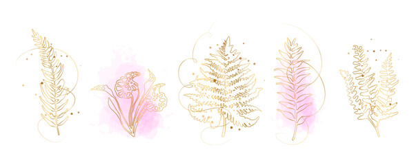Elegant gold line fern leaf with watercolor splash, modern botanical minimal illustration. Minimal gold line fern leaf with soft watercolor splash, elegant botanical decorative element.