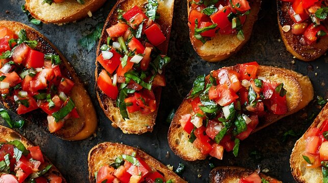 Awesome photo of traditional Italian tomato bruschetta with fresh basil and garlic on a dark rustic background.