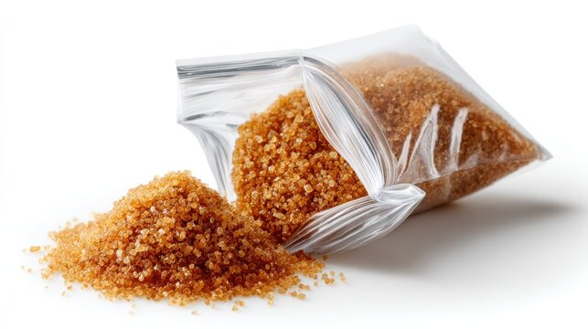 Brown Sugar Grains: This image features close-up shot of golden brown sugar grains, spilled out from a transparent plastic zip bag, evoking a sense of sweet indulgence and culinary delight.