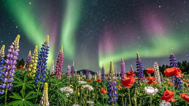 Vibrant lupine field and poppies bloom under colorful aurora borealis and starry night sky
