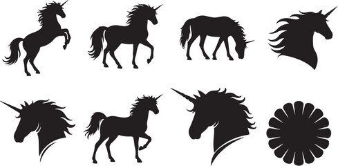 Fototapeta premium Collection of stylish black silhouette unicorns and horses in various dynamic poses isolated on transparent background