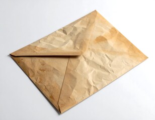 Tanned, crinkled envelope, center angled diagonally on a white surface, suggesting age, secrets, and a weathered journey