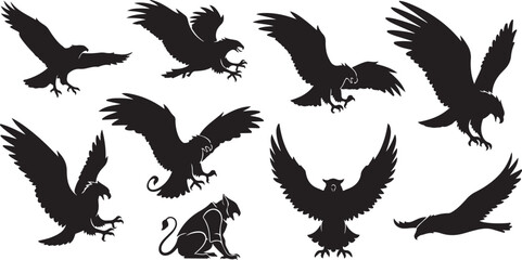 Obraz premium Collection of stylized black silhouette eagles and mythical griffin creatures in various dynamic poses isolated on transparent background