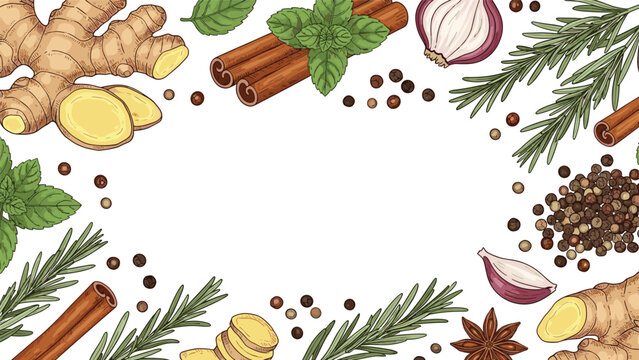 An aromatic frame of fresh spices and herbs including ginger, cinnamon, rosemary, and peppercorns, creating a border with copy space.