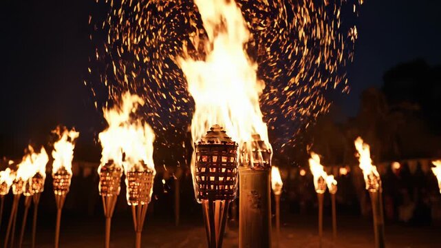 Nighttime Outdoor Celebration With Row of Flickering Torches and Large Central Bonfire with Sparks Flying in Dark Sky with Silhouettes of Trees and People in Background