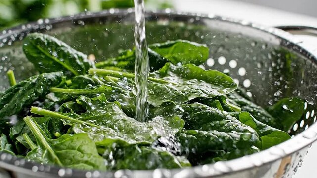 Fresh spinach leaves being washed in a stainless steel colander