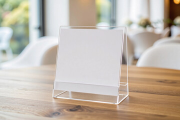 Blank acrylic table tent sign holder on wooden table with blurred background.