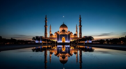 Obraz premium A majestic mosque with domes and minarets illuminated at dusk, reflected in a serene pool of water.