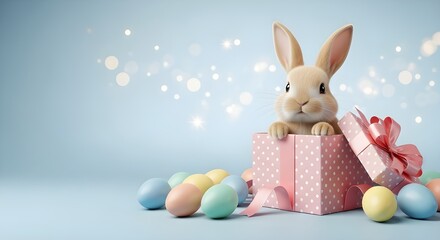Fototapeta premium Easter bunny sitting in pink gift box with colorful eggs