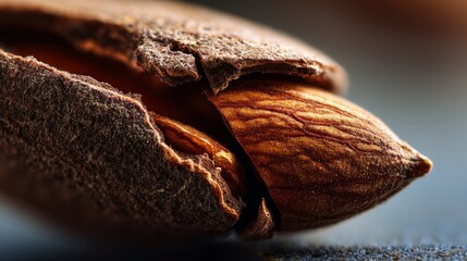 Close-Up View of a Cracked Almond Shell Revealing the Nut Inside with Detailed Texture, Natural Lighting, and Macro Photography Techniques