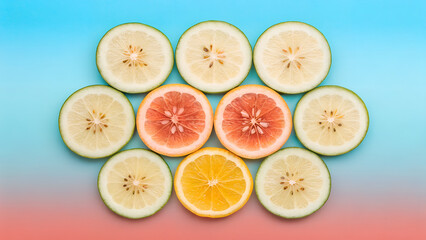 Floating slices arranged in geometric symmetry against a gradient background.