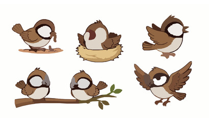 Funny cartoon bird characters vector set with cute sparrow poses and playful actions © Rownok