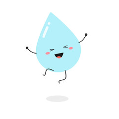 Cheerful cartoon water droplet character happy jumping