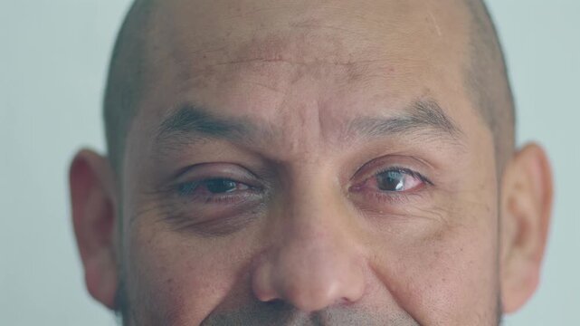 A man smiles at the camera after undergoing surgery for a pterygium on his right eye.