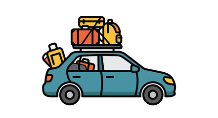 Obraz premium Car loaded with luggage and bags on the roof driving down the road for a trip or vacation, seen from the side.