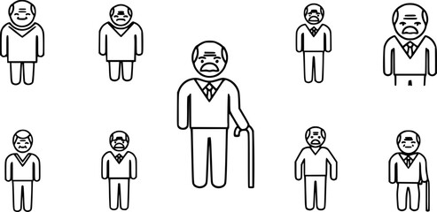 flat and linear set icons, old man icon, elder person with cane, senior generation