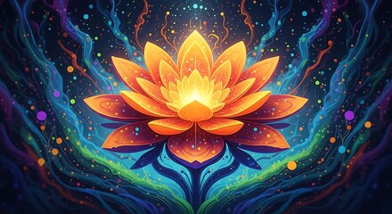Vibrant orange lotus flower with glowing center and swirling blue background symbolizing spiritual growth and enlightenment in mystical art