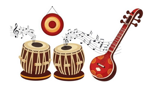 Indian classical music instruments with tabla and sitar