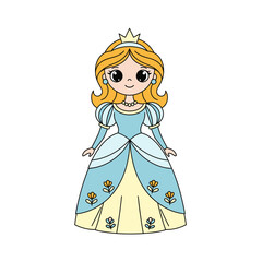 Fototapeta premium Cute Cartoon Princess with Crown and Blue Dress, Fairytale Character