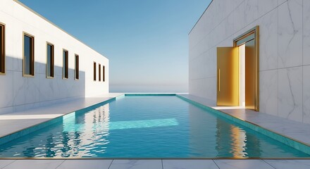 Modern minimalist rectangular pool with bright blue water between white buildings under clear blue sky with sunlight reflection