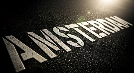 Amsterdam text in bold white font on black background with dramatic lighting and textured surface perfect for travel and tourism concepts