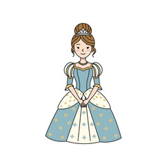 Fototapeta premium Cute Princess Character in Blue Gown and Tiara, Cartoon Style