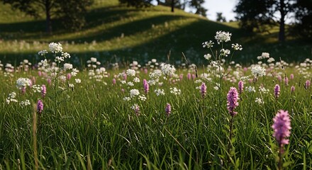 Serene meadow with wildflowers swaying in the breeze on a sunny hillside with lush green grass and trees