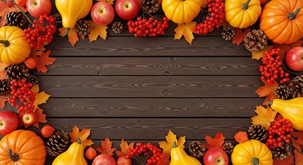 Autumnal harvest arrangement with pumpkins apples and red berries on rustic wooden background perfect for thanksgiving and fall themes
