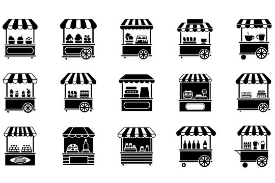 Street Food Stall and Market Kiosk Vector Icon Set - Outdoor Retail Shop Silhouettes