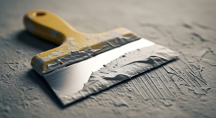 Paint scraper with dried paint on wooden handle lying on textured gray surface close up view with dramatic lighting