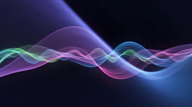 Abstract flowing gradient waves in vibrant purple, pink, green, and blue on dark background