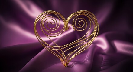 Golden intertwined heart sculpture on luxurious purple satin fabric with soft romantic lighting and elegant swirling design