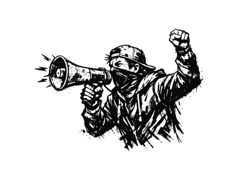 Rebel in black and white: powerful protest art depicting activism and youth with megaphone