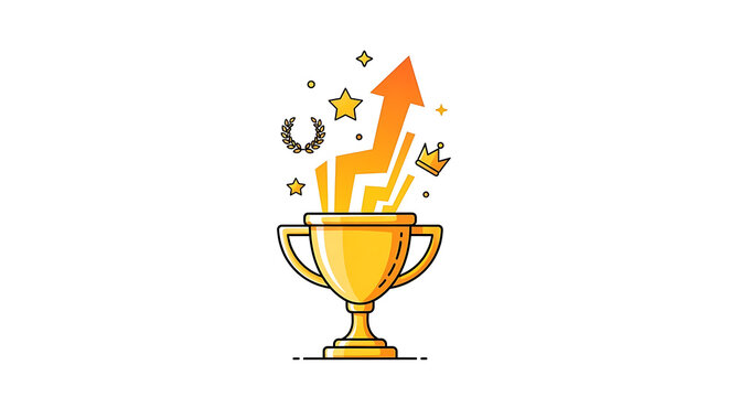 Golden trophy cup with rising arrow and stars success achievement concept isolated on transparent background