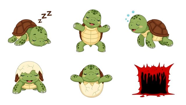 A cartoon turtle in various poses and emotions, showcasing different facial expressions and actions, illustrated in a playful style.
