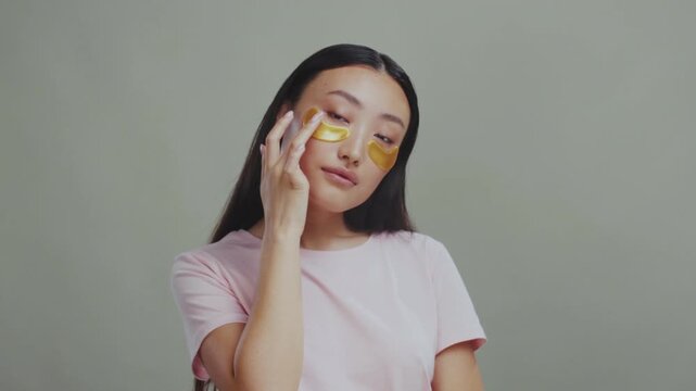 Applying gold eye patches for radiance, Younger appearance achieved through gentle eye treatment methods