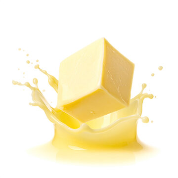 Butter Cube Splashing into Liquid Dairy Product on White Background.